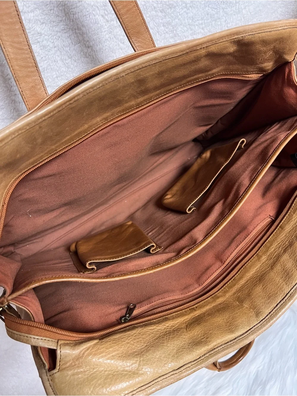 Classic Tan Leather Briefcase with Front Zip Pocket - Men's Business Bag